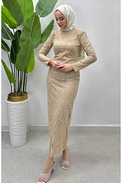 sefamerve Βραδινό φόρεμα από τούλι σε μπεζ χρώμα - 5518-04