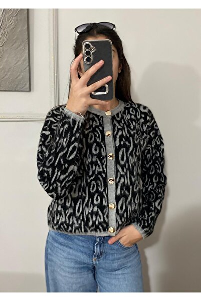 charme butik Women's Crew Neck Leopard Print Wool Cardigan