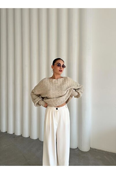 Laluvia Light Beige Bateau Neck Ribbed Oversize Sweater