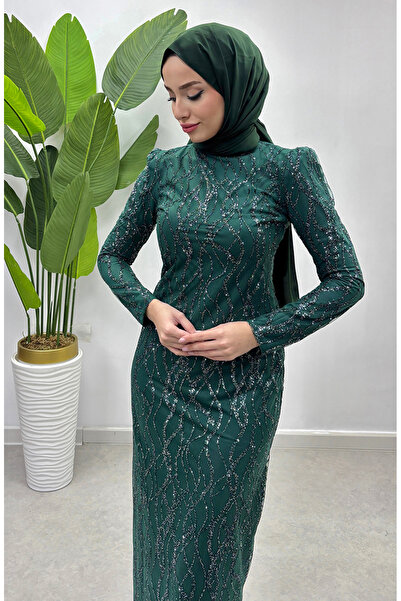 sefamerve Βραδινό φόρεμα από τούλι Lurex 5518-03 Emerald Green