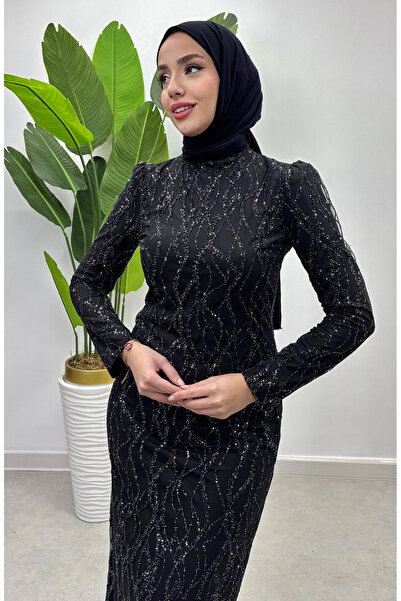 sefamerve Βραδινό φόρεμα από μαύρο γκλίτερ τούλι - 5518-01