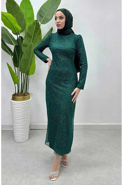 sefamerve Emerald Green Glitter Tulle Evening Dress - 5517-03