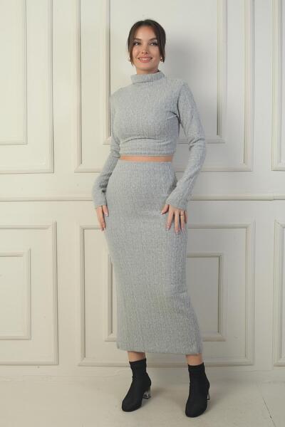 By Saygı Bluză crop cu gât pentru femei, cu talie elastică, fustă cu fante, set de 2 piese