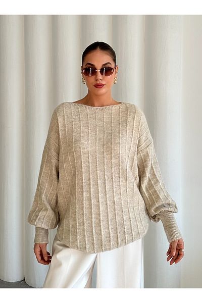 Laluvia Világos bézs Bateau nyakú bordás oversize pulóver