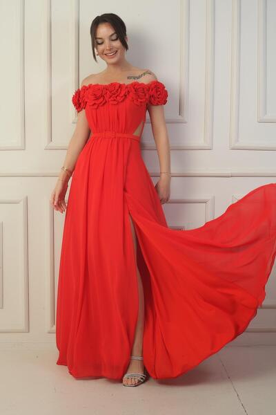 By Saygı Kadın Yakası Lazer Kesim Çiçek Astarlı Beli Kemerli Uzun Şifon Elbise