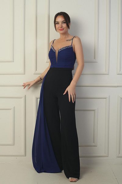 By Saygı Women's Rope Strap Bead Detailed Top Chiffon Crepe Palazzon Jumpsuit