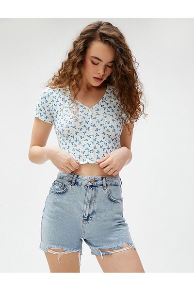 Koton Tricou crop imprimat mânecă scurtă cu decolteu în V din bumbac
