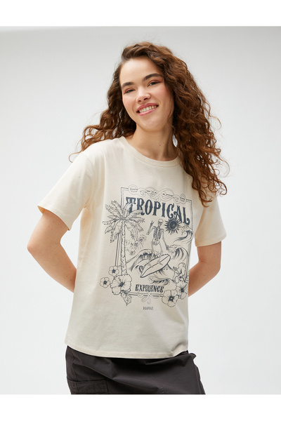 Koton Βαμβακερό μπλουζάκι με στάμπα με λαιμόκοψη