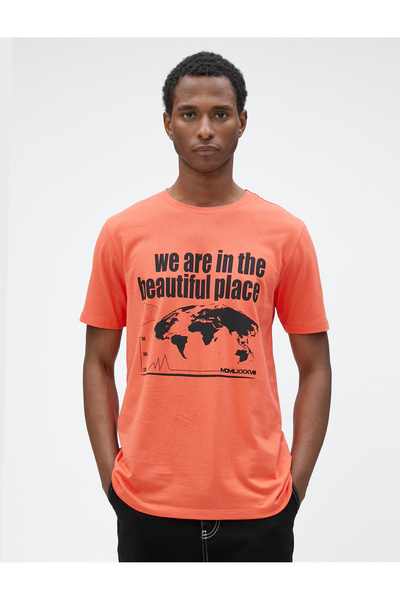 Koton Slogan Printed T-Shirt Crew Neck Slim Fit Cotton
