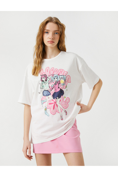 Koton Oversize anime tričko s krátkým rukávem a výstřihem z bavlny