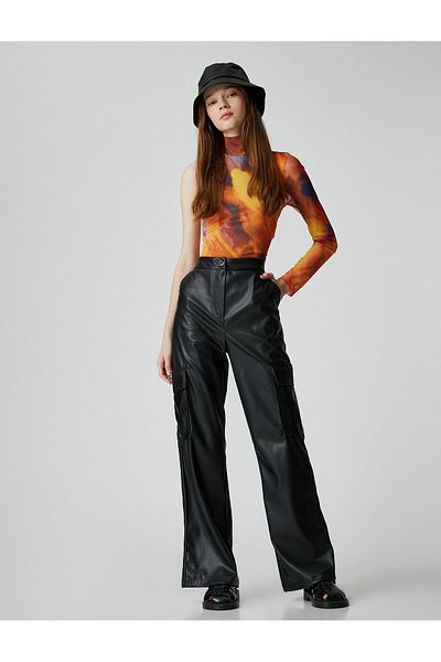 Koton Leather Look Trousers with Cargo Pocket Detail Normal Waist