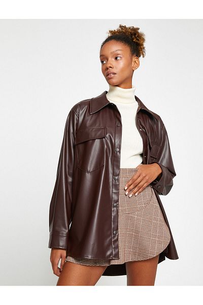 Koton Oversize Shirt Leather Look with Pocket Detail