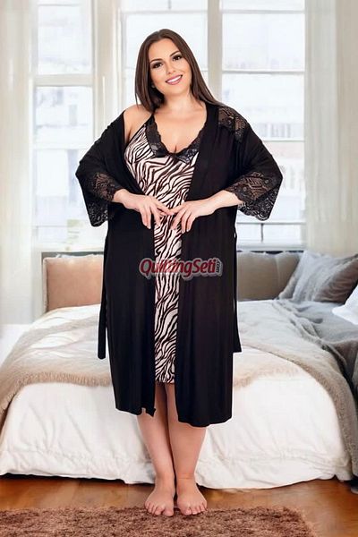 quilling Zebra Print Black Plus Size Nightgown and Dressing Gown Set - 19221