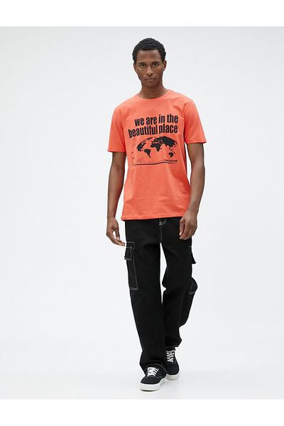 Koton Slogan Printed T-Shirt Crew Neck Slim Fit Cotton