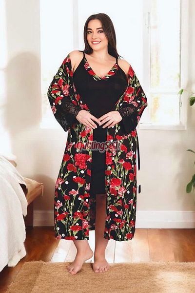 quilling Black Color, Floral Print and Sling Sleeve Plus Size 2-Piece Dressing Gown Mother's Nightgown Suit - 19224