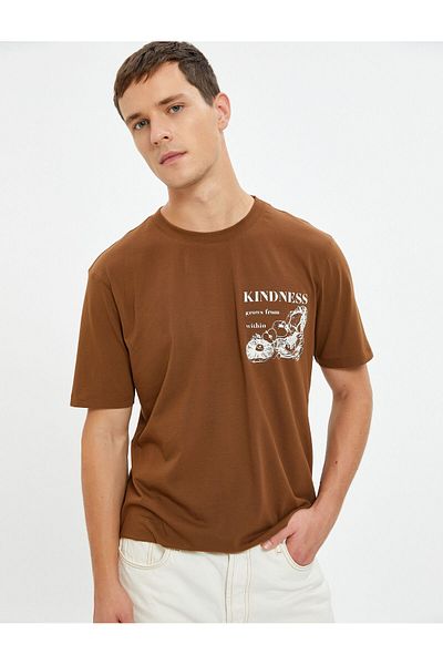 Koton Back Printed T-Shirt with Slogan Crew Neck Short Sleeves