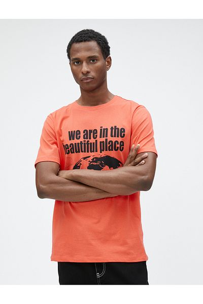 Koton Slogan Printed T-Shirt Crew Neck Slim Fit Cotton