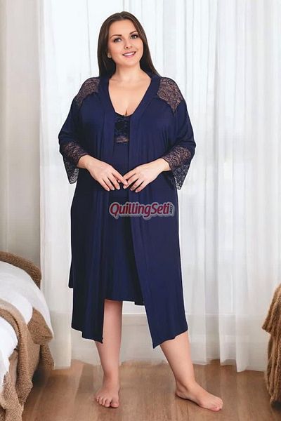 quilling Navy Blue Color, Lace Detailed Strapped Sleeve Large Size 2-Piece Mother's Nightgown Set with Dressing Gown - 19213