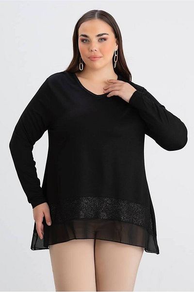 FOR ESRA BIG TREND Women's Plus Size Silvery V Neck Hemline Tulle Glitter Detail Stretchy Viscose Blouse