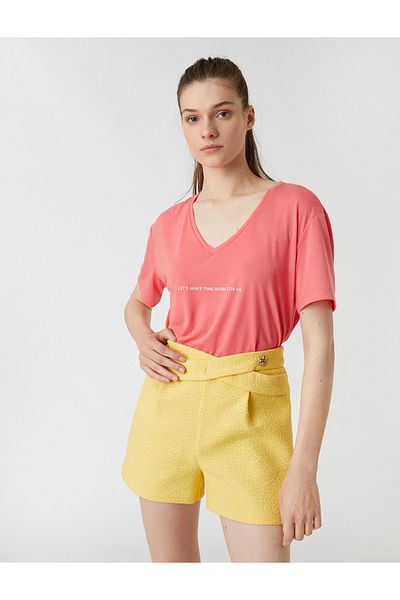 Koton Slogan Printed T-Shirt V Neck