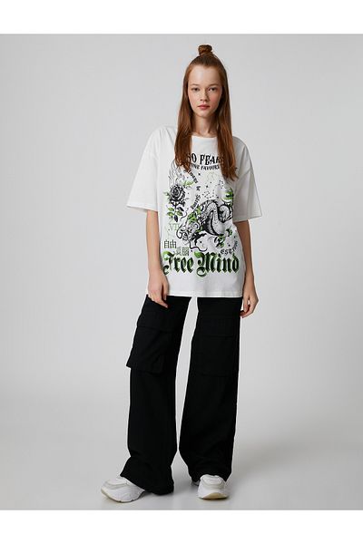 Koton Tricou oversize cu mânecă scurtă cu imprimeu în Orientul Îndepărtat și cu gâtul turn