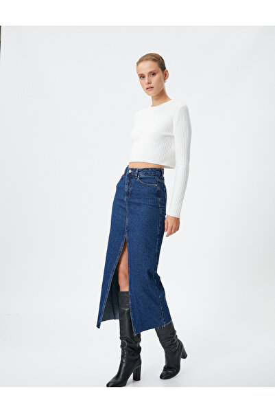 Koton Джинсова спідниця міді з високою талією на ґудзиках з бавовни з розрізами