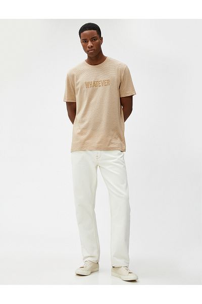 Koton Slogan Embroidered T-Shirt Textured Crew Neck Short Sleeve
