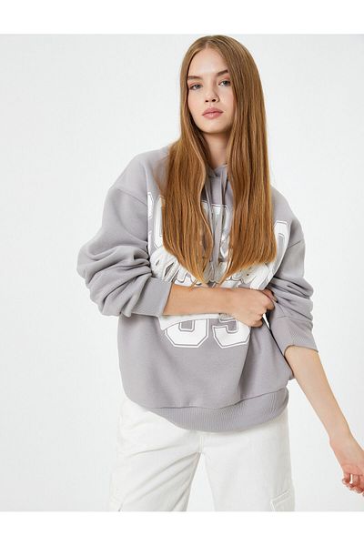 Koton College Hooded Sweatshirt Comfortable Fit Raised Applique Detailed Printed