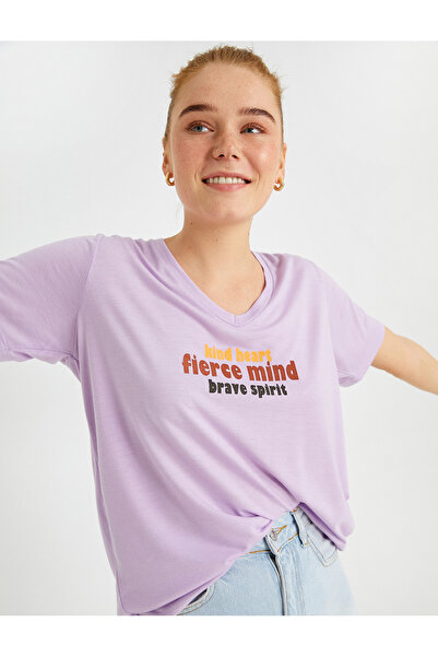 Koton Σλόγκαν εμπριμέ T-Shirt V λαιμόκοψη κοντό μανίκι