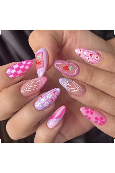 Alya Nail Studio Kadın Jel Nail Art Baskılı Pembe Kalp Ekose Lila French Desi...