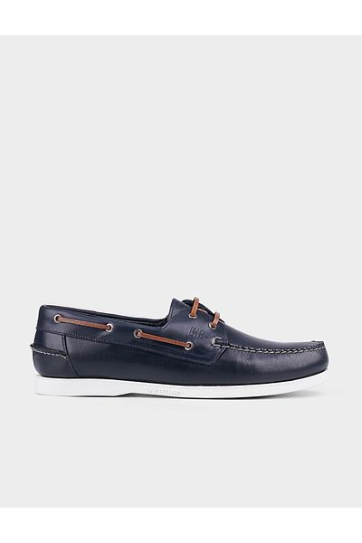 Cabani Genuine Leather Navy Blue Lace-Up Men's Casual Shoes