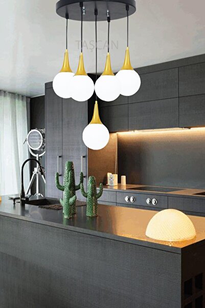 Taşcan Aydınlatma Etna 5 Li Siyah Gold Tepsili Sarkıt Avize-beyaz Camlı