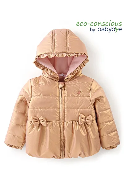 Babyoye Babyoye Full Sleeves Hooded Jacket with Bow Applique - Metallic Gold