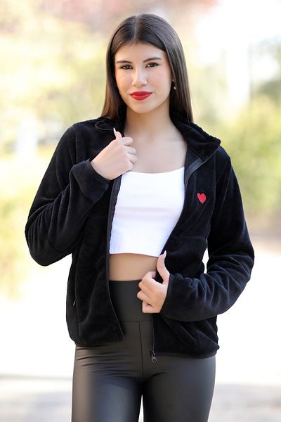 GİYSA Cardigan de exterior pentru femei, cu fermoar, negru, cu buzunar dublu, cu broderie de inimă, guler vertical - 7017
