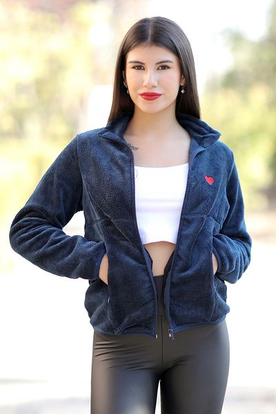 GİYSA Women's Zippered Fleece Indigo Double Pocket Heart Embroidery Detailed Stand Collar Outdoor Cardigan - 7017