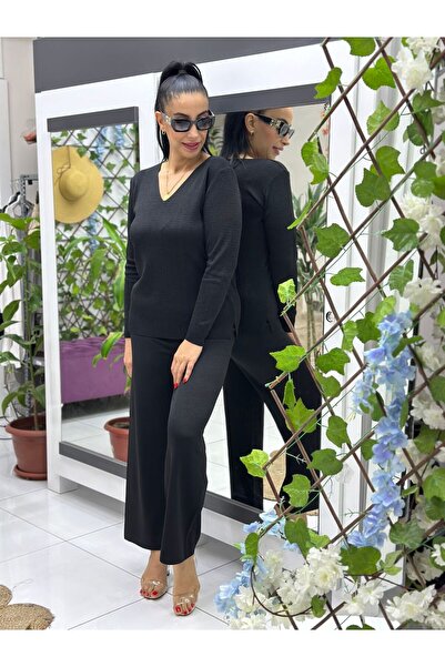 Punta Otantik D12809 Simli V Yaka Triko Bluz Siyah