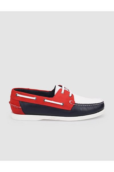 Cabani Genuine Leather Navy Blue - Red Lace-Up Men's Boat Shoes