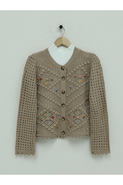 Modamorfo Openwork Floral Embroidered Knitwear Cardigan - Pompom Detail, Mink