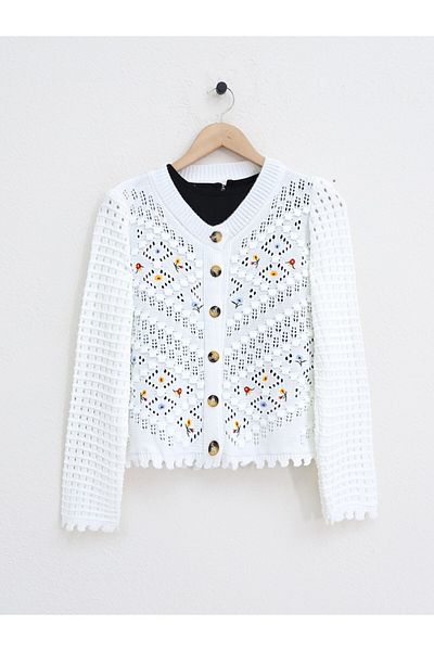 Modamorfo Strickjacke mit durchbrochenem Muster und Blumenstickereien