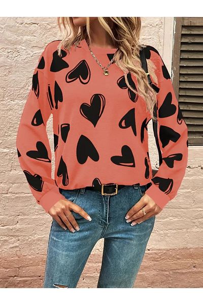 gelirr Women's Long Sleeve Crew Neck Heart Print Two Thread Blouse