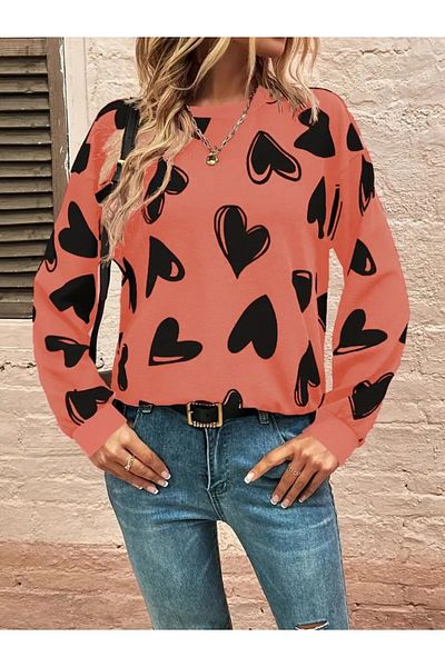 gelirr Women's Long Sleeve Crew Neck Heart Print Two Thread Blouse