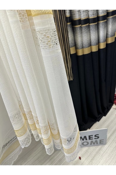 Dekoreko NİVEMESHOME LOTUS GOLD İŞLEMELİ 1/2,5 SIK PİLELİ TÜL PERDE APM