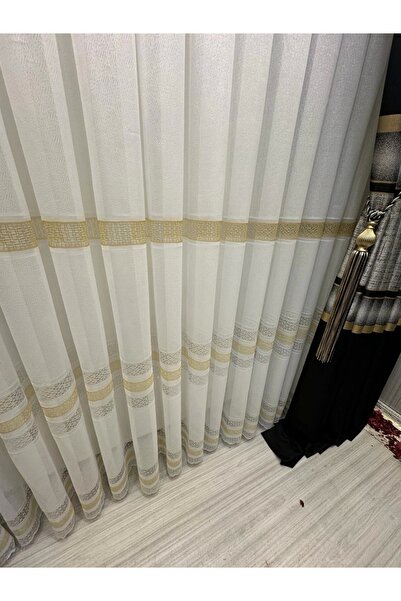 Dekoreko NİVEMESHOME LOTUS GOLD İŞLEMELİ 1/2,5 SIK PİLELİ TÜL PERDE APM