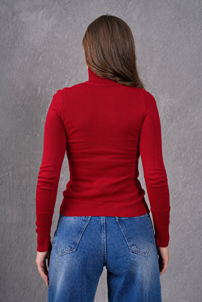 bayansepeti Red Stretchy Knitwear Fabric Turtleneck Design Sweater 0112