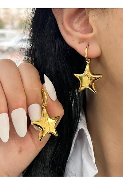 YASİN TOPÇU Steel Gold Starry Dangle Trend Earrings