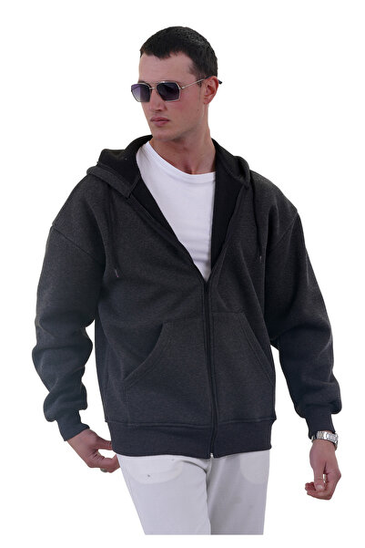 Exve Exclusive Антрацитовий колір Oversize М'який трикотажний зимовий светр - з капюшоном, флісовою підкладкою, блискавкою, 3 нитки