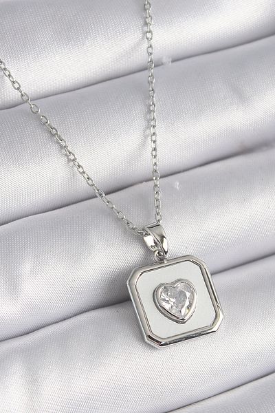 Skygo 316L Steel Silver - Square Medallion and Zircon Stone Heart Pattern Women's Necklace - Tj-Bko9525