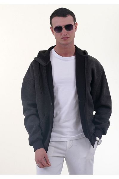 Exve Exclusive Ανθρακί Χρώμα Oversize Μαλακή Πλεκτή Χειμερινή Ζακέτα - Φούτερ με κουκούλα, φλις, φερμουάρ, 3 κλωστές