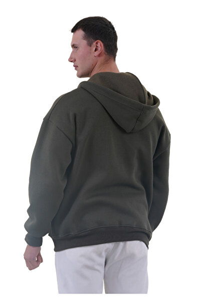 Exve Exclusive Khaki Basic Oversize Soft Knitted Winter Hooded Fleece Inside 3-Thread Zip-Up Loose Cardigan Sweatshirt