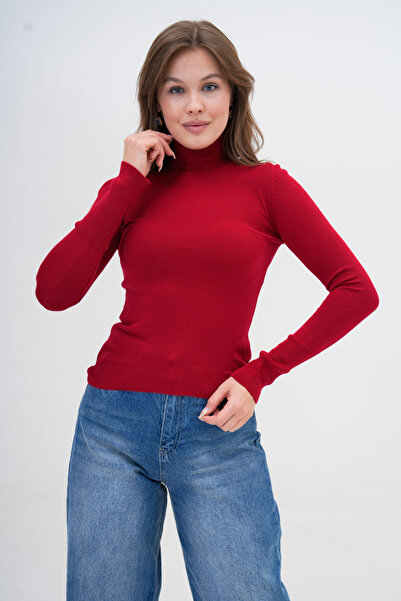WOMAN VISION Knitwear Fabric Turtleneck Long Sleeve Red Basic Blouse 0112